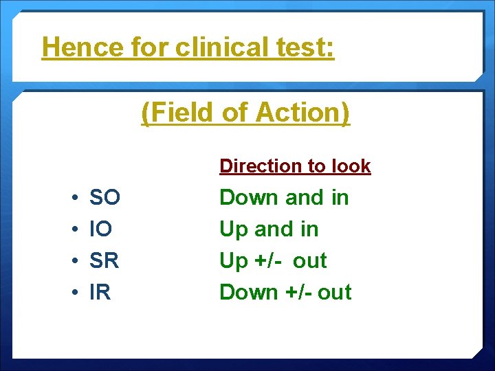 Hence for clinical test: (Field of Action) Direction to look • • SO IO