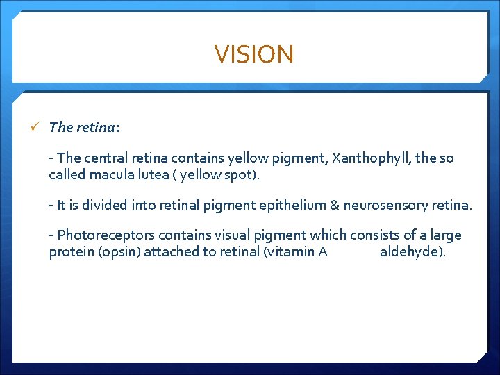VISION ü The retina: - The central retina contains yellow pigment, Xanthophyll, the so
