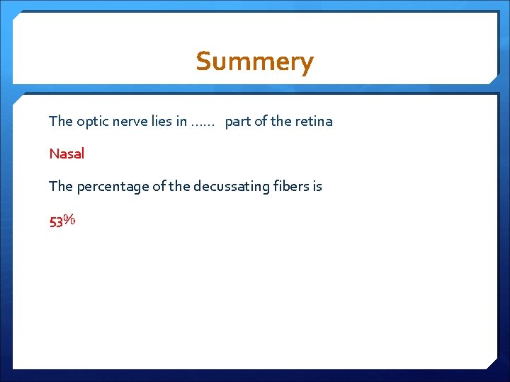 Summery The optic nerve lies in …… part of the retina Nasal The percentage