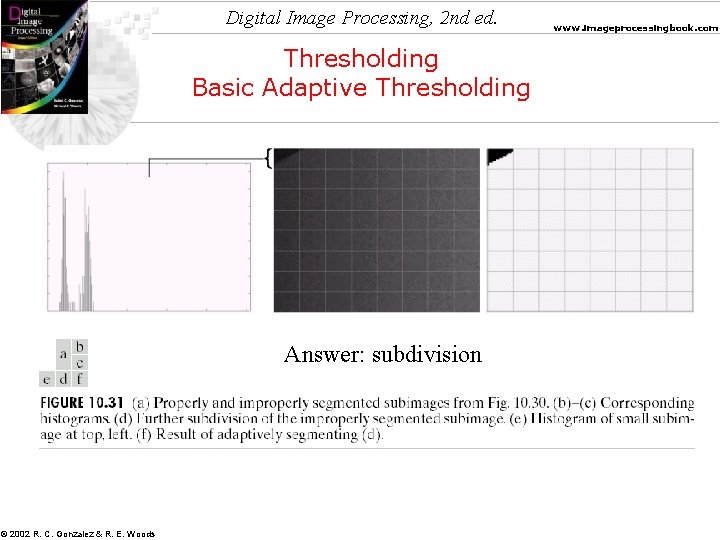 Digital Image Processing, 2 nd ed. Thresholding Basic Adaptive Thresholding Answer: subdivision © 2002 Digital Image Processing, 2 nd ed. Thresholding Basic Adaptive Thresholding Answer: subdivision © 2002