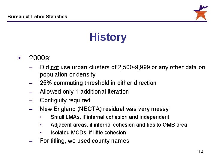Bureau of Labor Statistics History • 2000 s: – – – Did not use