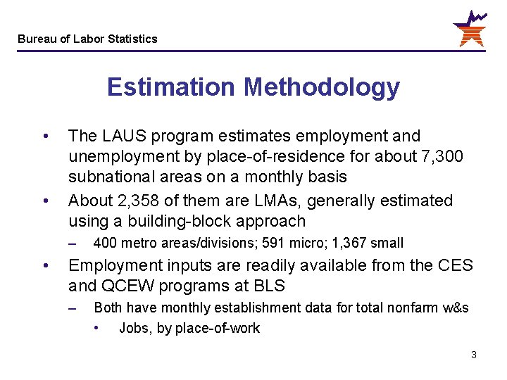 Bureau of Labor Statistics Estimation Methodology • • The LAUS program estimates employment and
