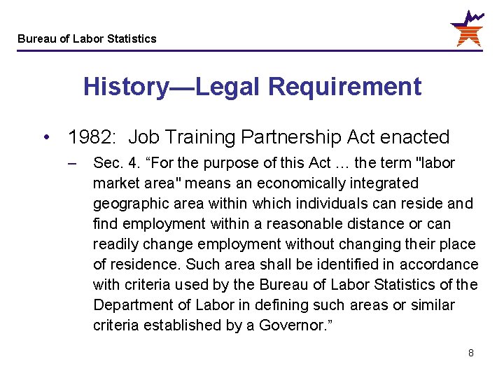 Bureau of Labor Statistics History—Legal Requirement • 1982: Job Training Partnership Act enacted –