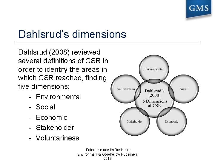 Dahlsrud’s dimensions Dahlsrud (2008) reviewed several definitions of CSR in order to identify the