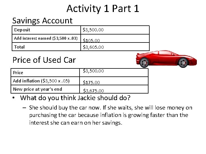 Activity 1 Part 1 Savings Account Deposit $3, 500. 00 Add interest earned ($3,