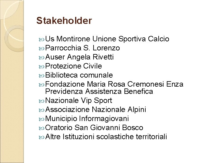 Stakeholder Us Montirone Unione Sportiva Calcio Parrocchia S. Lorenzo Auser Angela Rivetti Protezione Civile