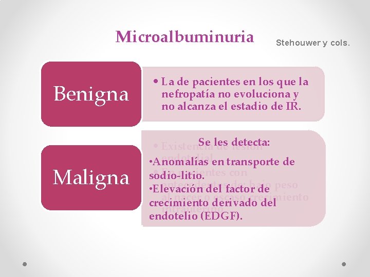 Microalbuminuria Stehouwer y cols. Benigna • La de pacientes en los que la nefropatía