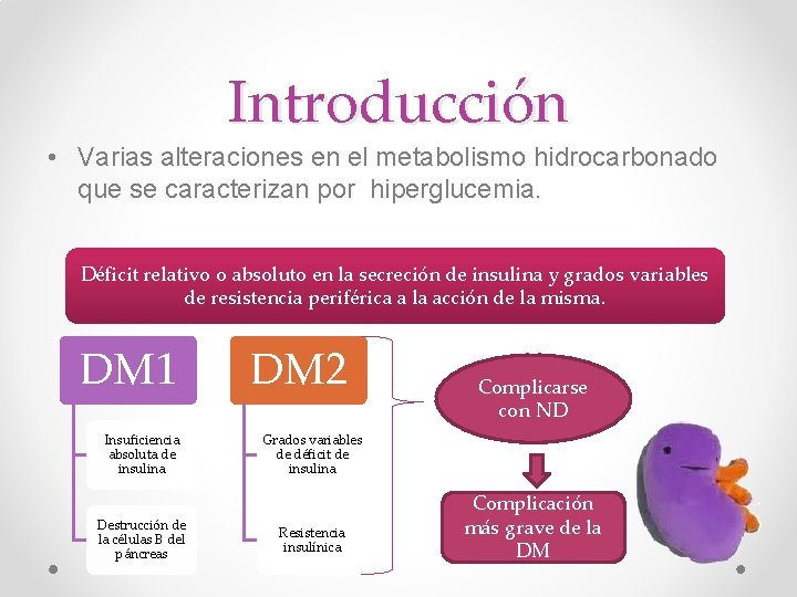 Introducción • Varias alteraciones en el metabolismo hidrocarbonado que se caracterizan por hiperglucemia. Déficit