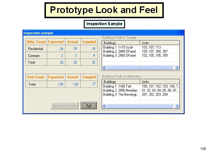 Prototype Look and Feel Inspection Sample 108 