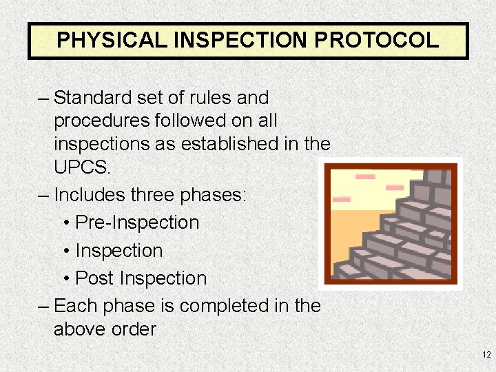 PHYSICAL INSPECTION PROTOCOL – Standard set of rules and procedures followed on all inspections