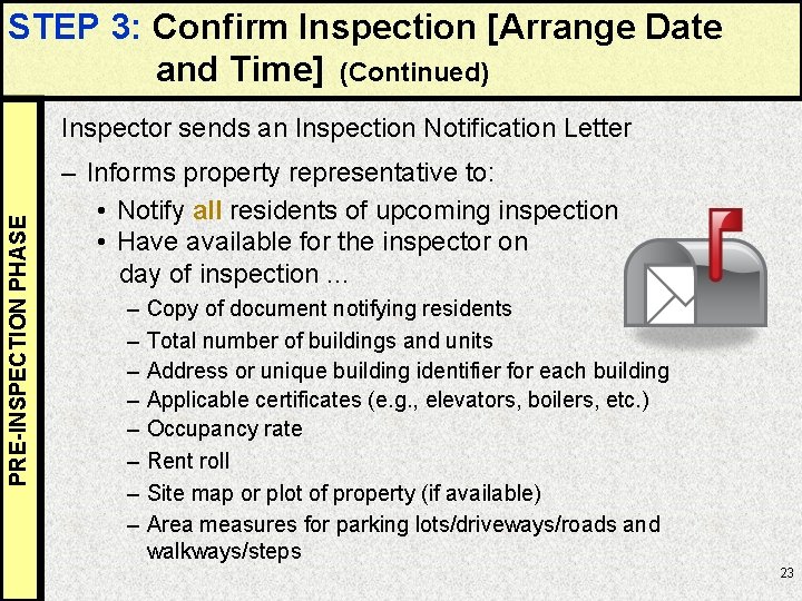 STEP 3: Confirm Inspection [Arrange Date and Time] (Continued) PRE-INSPECTION PHASE Inspector sends an