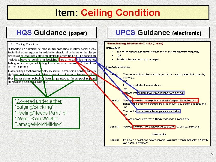Item: Ceiling Condition HQS Guidance (paper) UPCS Guidance (electronic) *Covered under either: “Bulging/Buckling”, “Peeling/Needs