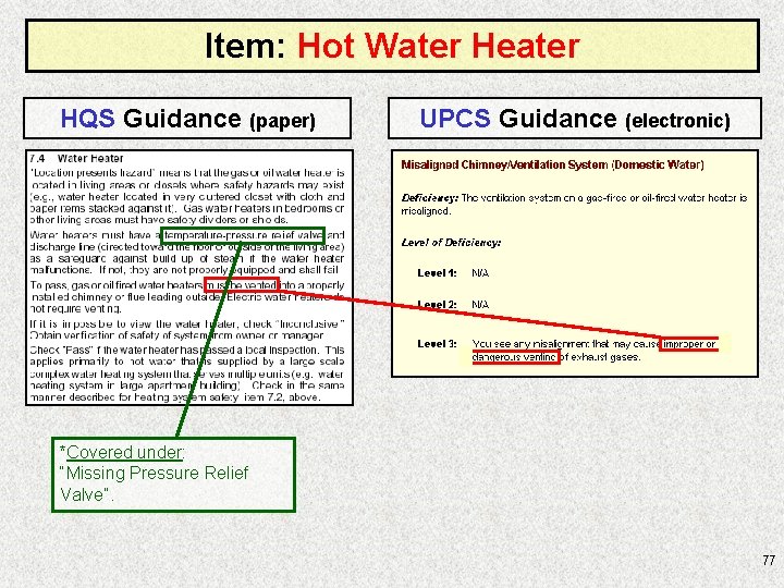 Item: Hot Water Heater HQS Guidance (paper) UPCS Guidance (electronic) *Covered under: “Missing Pressure