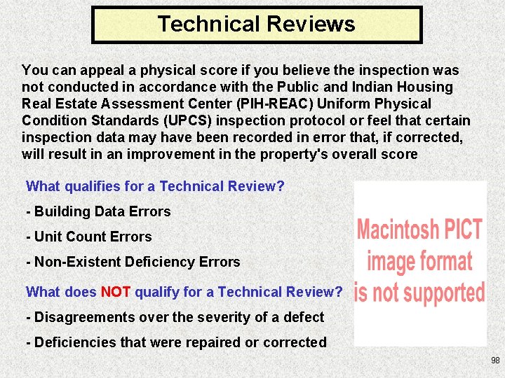 Technical Reviews You can appeal a physical score if you believe the inspection was