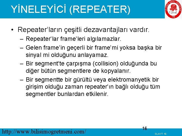 YİNELEYİCİ (REPEATER) • Repeater’ların çeşitli dezavantajları vardır. – Repeater’lar frame’leri algılamazlar. – Gelen frame’in