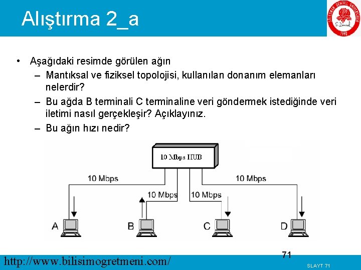 Alıştırma 2_a • Aşağıdaki resimde görülen ağın – Mantıksal ve fiziksel topolojisi, kullanılan donanım