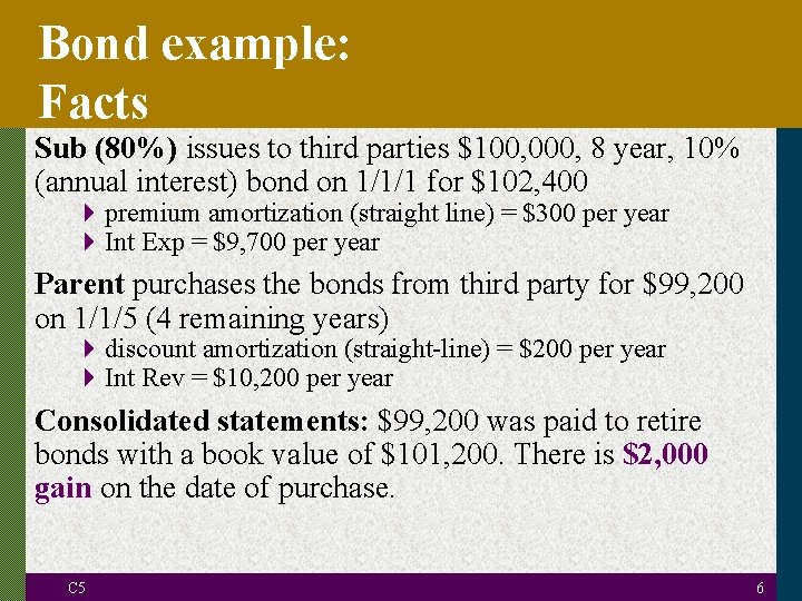 Bond example: Facts Sub (80%) issues to third parties $100, 000, 8 year, 10%