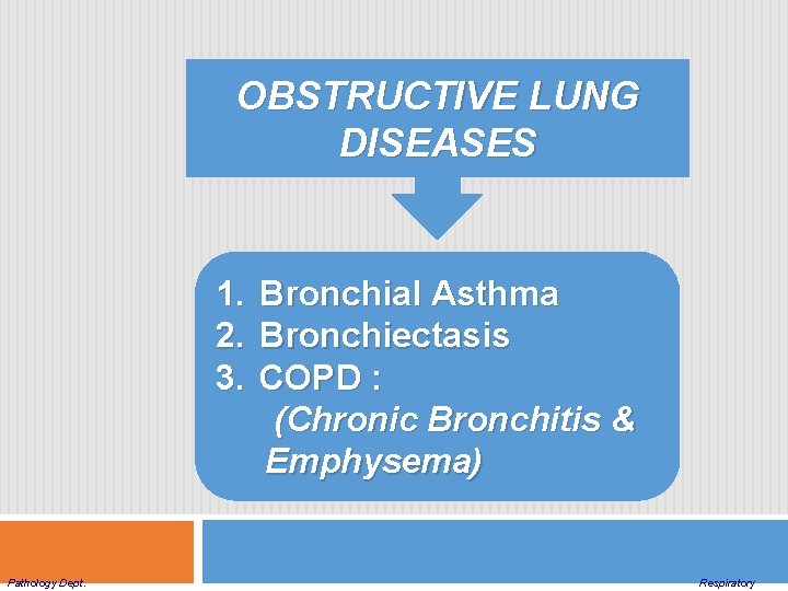 OBSTRUCTIVE LUNG DISEASES 1. Bronchial Asthma 2. Bronchiectasis 3. COPD : (Chronic Bronchitis &