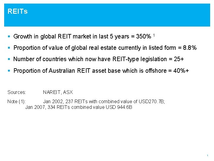 REITs § Growth in global REIT market in last 5 years = 350% 1