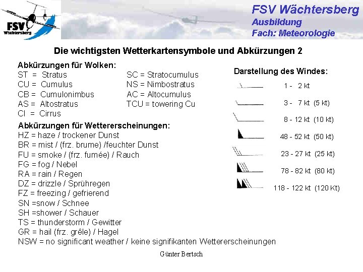 FSV Wächtersberg Ausbildung Fach: Meteorologie Die wichtigsten Wetterkartensymbole und Abkürzungen 2 Abkürzungen für Wolken: