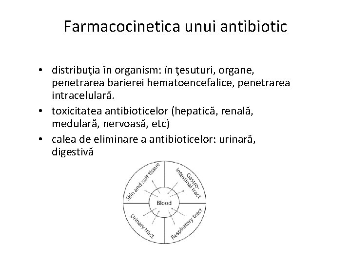 Farmacocinetica unui antibiotic • distribuţia în organism: în ţesuturi, organe, penetrarea barierei hematoencefalice, penetrarea