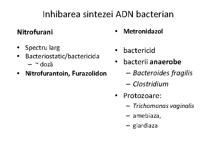 Inhibarea sintezei ADN bacterian Nitrofurani • Metronidazol • Spectru larg • Bacteriostatic/bactericida – ~
