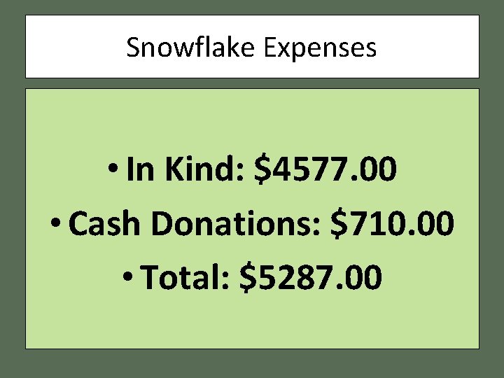 Snowflake Expenses • In Kind: $4577. 00 • Cash Donations: $710. 00 • Total: