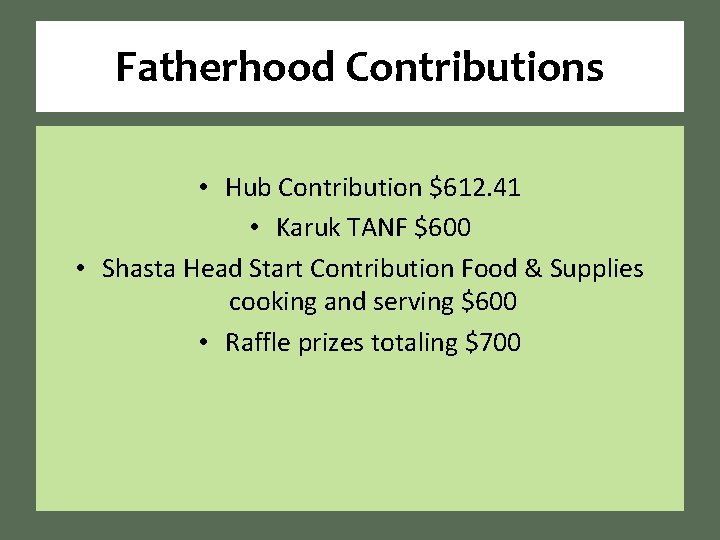 Fatherhood Contributions • Hub Contribution $612. 41 • Karuk TANF $600 • Shasta Head