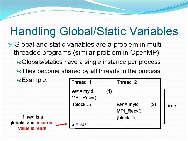 Handling Global/Static Variables Global and static variables are a problem in multithreaded programs (similar