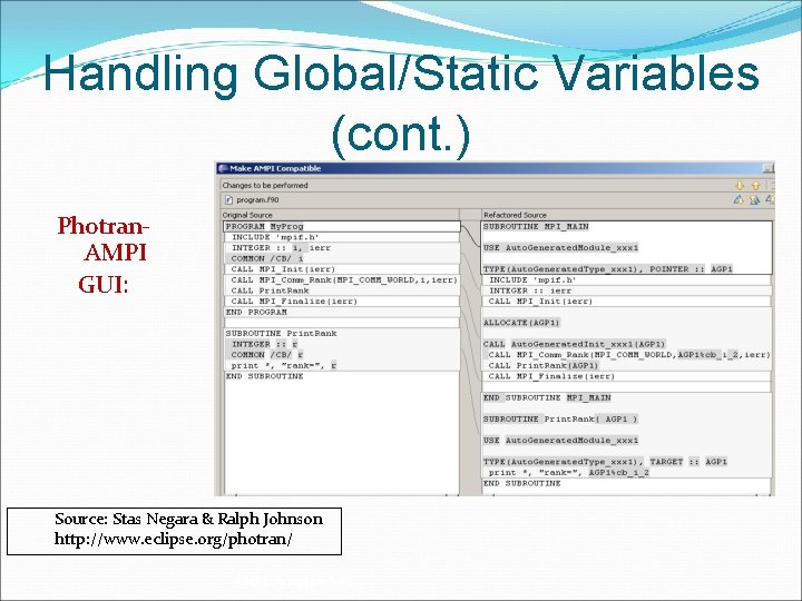 Handling Global/Static Variables (cont. ) Photran. AMPI GUI: Source: Stas Negara & Ralph Johnson