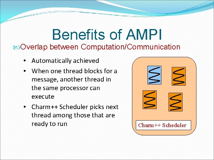 Benefits of AMPI Overlap between Computation/Communication • Automatically achieved • When one thread blocks