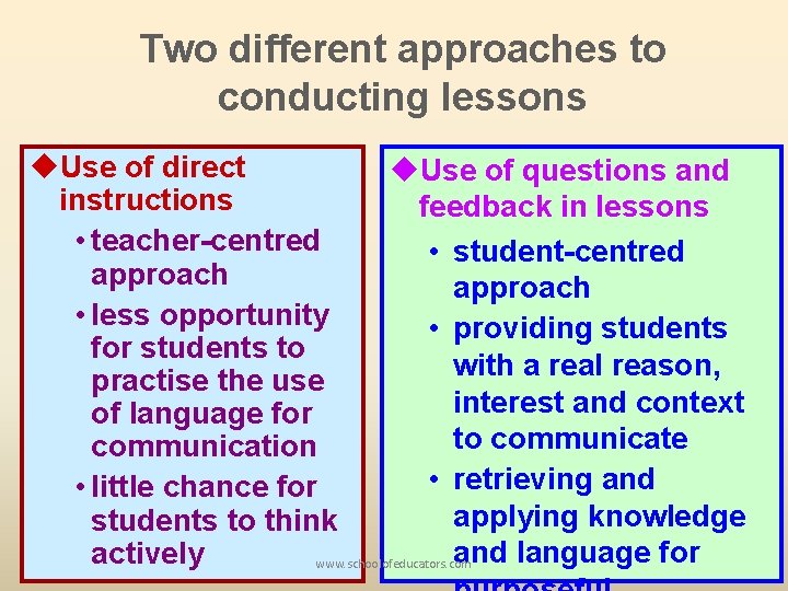 Two different approaches to conducting lessons u. Use of direct u. Use of questions