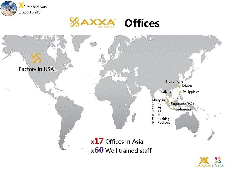 X’traordinary Opportunity Offices Factory in USA Hong Kong Taiwan Thailand Philippines Brunei Malaysia Singapore