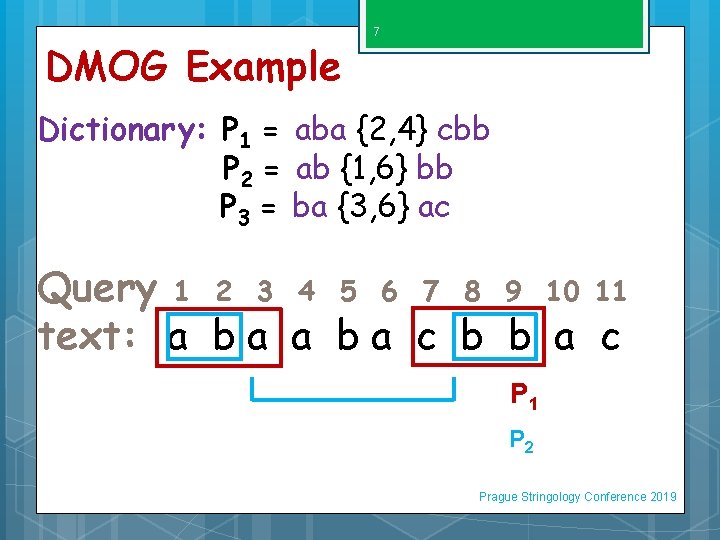 DMOG Example 7 Dictionary: P 1 = aba {2, 4} cbb P 2 =