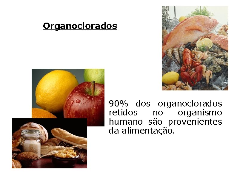 Organoclorados 90% dos organoclorados retidos no organismo humano são provenientes da alimentação. 