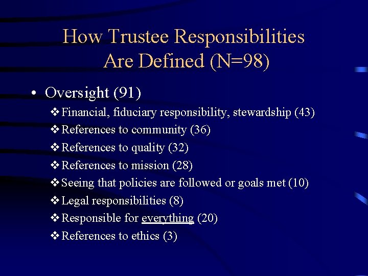 How Trustee Responsibilities Are Defined (N=98) • Oversight (91) v. Financial, fiduciary responsibility, stewardship