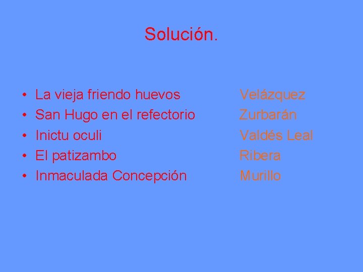 Solución. • • • La vieja friendo huevos San Hugo en el refectorio Inictu