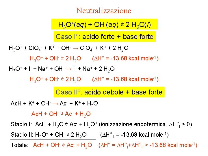 Neutralizzazione H 3 O+(aq) + OH-(aq) ⇄ 2 H 2 O(l) Caso I°: acido