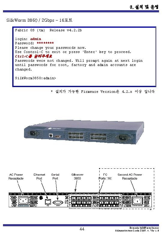 3. 설치 및 운영 Silk. Worm 3850 / 2 Gbps – 16포트 Fabric OS