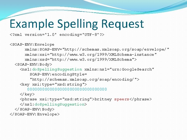 Example Spelling Request <? xml version='1. 0' encoding='UTF-8'? > <SOAP-ENV: Envelope xmlns: SOAP-ENV="http: //schemas.