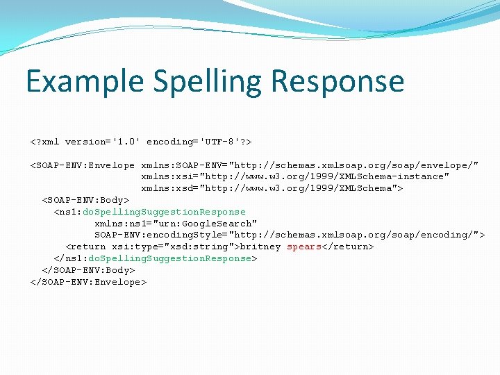 Example Spelling Response <? xml version='1. 0' encoding='UTF-8'? > <SOAP-ENV: Envelope xmlns: SOAP-ENV="http: //schemas.