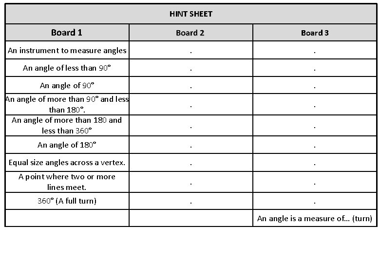 HINT SHEET Board 1 Board 3 An instrument to measure angles . . An