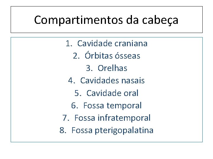 Compartimentos da cabeça 1. Cavidade craniana 2. Órbitas ósseas 3. Orelhas 4. Cavidades nasais