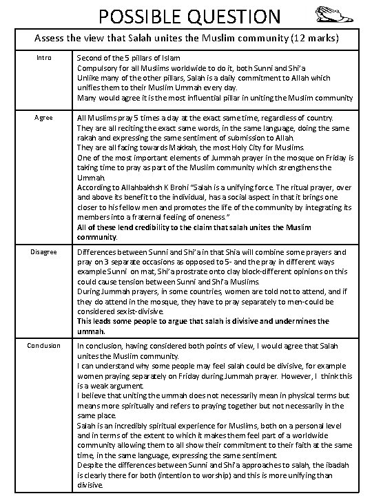 POSSIBLE QUESTION Assess the view that Salah unites the Muslim community (12 marks) Intro
