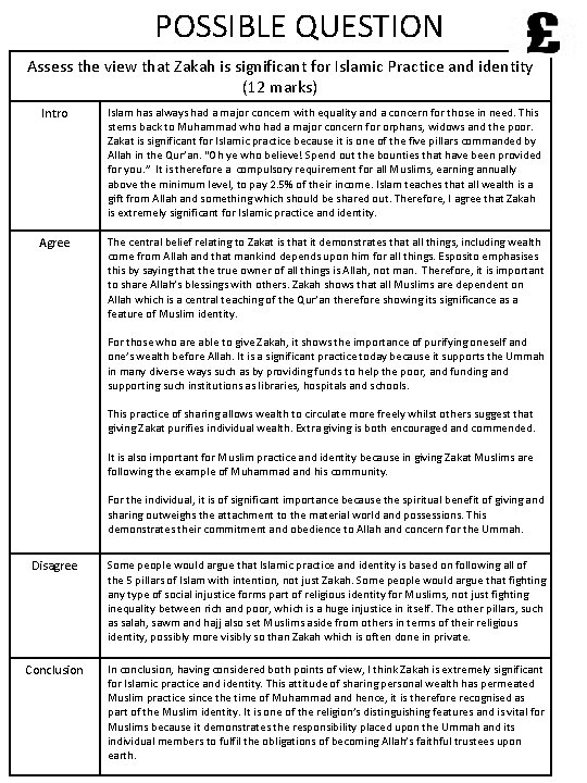 POSSIBLE QUESTION Assess the view that Zakah is significant for Islamic Practice and identity