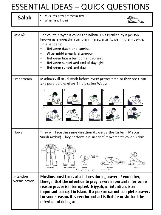 ESSENTIAL IDEAS – QUICK QUESTIONS Salah • Muslims pray 5 times a day •