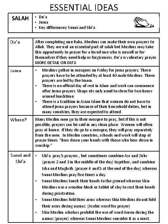 ESSENTIAL IDEAS SALAH • Du’a • Juma • Key differences: Sunni and Shi’a Du’a