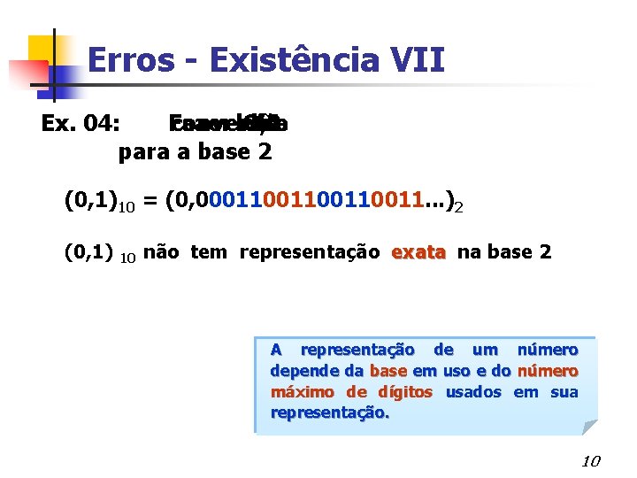 Erros - Existência VII Ex. 04: Fazer conversão a base O, 1 de de