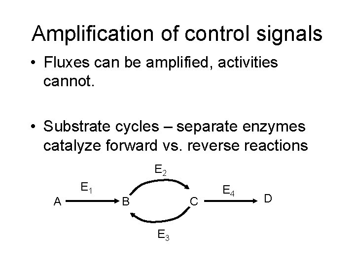 Amplification of control signals • Fluxes can be amplified, activities cannot. • Substrate cycles