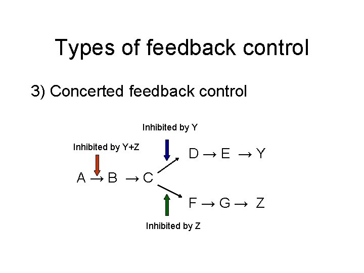 Types of feedback control 3) Concerted feedback control Inhibited by Y+Z D→E →Y A→B